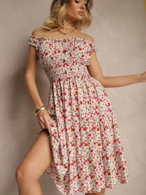 Biało-Różowa Bawełniana Sukienka z Guzikami o Rozkloszowanym Kroju w Kwiatowy Print Roniselle defox