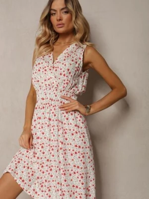 Biało-Różowa Kopertowa Sukienka z Wiskozy w Kwiaty Wykończona Gumką w Talii Innavia cflo