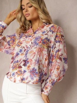 Biało-Różowa Koszula w Kwiaty z Bufiastymi Rękawami Runelia retro & icone