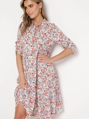 Biało-Różowa Kwiatowa Sukienka Midi o Rozkloszowanym Fasonie Glevia airisa