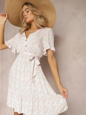 Biało-Różowa Rozkloszowana Sukienka Wiskozowa Mini w Kwiatowy Print z Falbanką Taelle cflo