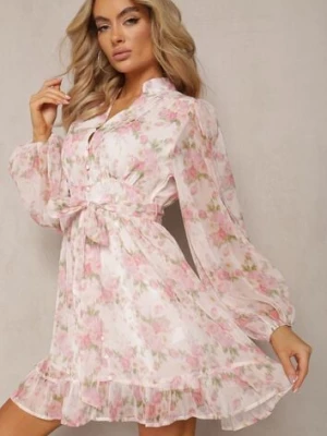 Biało-Różowa Rozkloszowana Sukienka z Falbankami i Materiałowym Paskiem w Talii Viorena bisou's project