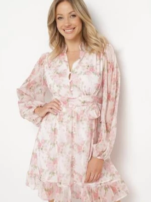 Biało-Różowa Sukienka Rozkloszowana z Materiałowym Paskiem w Talii Ozdobiona Falbankami Kleviorna bisou's project