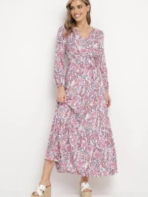 Biało-Różowa Wiskozowa Sukienka z Kopertowym Dekoltem i Materiałowym Paskiem z Gumką w Pasie Fiarina rosa