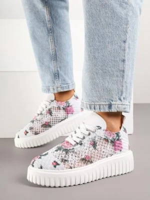 Biało-Różowe Ażurowe Sneakersy Vices na Grubej Podeszwie z Tłoczeniem Luminise