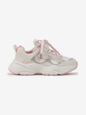 Biało-Różowe Buty Sportowe na Grubej Podeszwie z Brokatem i Rzepem Rinase