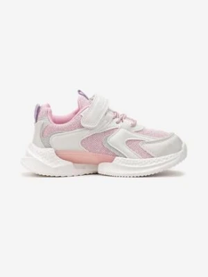 Biało-Różowe Buty Sportowe na Grubej Podeszwie z Materiału z Brokatowym Połyskiem Nelsiva