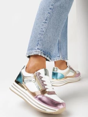 Biało-Różowe Sneakersy na Grubej Podeszwie z Brokatem i Metalicznymi Wstawkami Aeliss