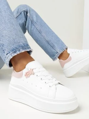 Biało-Różowe Sneakersy na Grubej Podeszwie z Naszywką Chonris