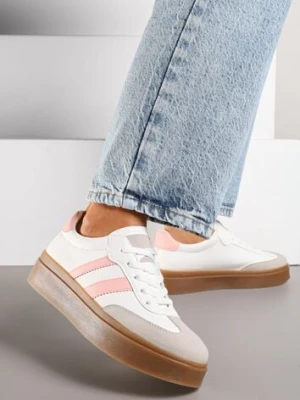 Biało-Różowe Sneakersy na Kauczukowej Podeszwie Ozdobione Paskami Nilimea