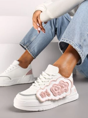 Biało-Różowe Sneakersy na Niskiej Platformie z Ozdobnymi Kwiatkami na Boku Benavilla
