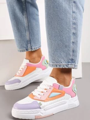 Biało-Różowe Sneakersy na Płaskiej Podeszwie ze Sznurowaniem i Przeszyciami Liskia