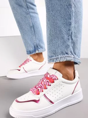 Biało-Różowe Sneakersy z Kolorowymi Sznurówkami i Metalicznymi Wstawkami Lania