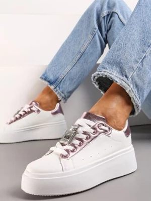 Biało-Różowe Sneakersy z Metaliczną Zawieszką na Sznurówkach Ozdobioną Cyrkoniami Edosa