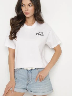 Biało-Różowy Bawełniany T-shirt z Napisami Hallena fresh made