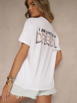 Biało-Różowy T-shirt z Bawełny Ozdobiony Nadrukiem Adneria fresh made