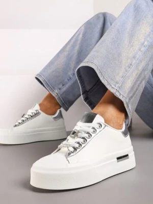 Biało-Srebrne Casualowe Sneakersy na Platformie Ozdobione Cyrkoniami i Metalicznymi Wstawkami Primaria