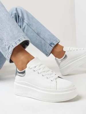 Biało-Srebrne Gładkie Sneakersy z Ekoskóry na Grubej Podeszwie ze Sznurowaniem Avara sesamall