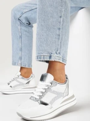 Biało-Srebrne Sneakersy na Grubej Podeszwie z Błyszczącymi Wstawkami i Sznurowaniem Lirevasa