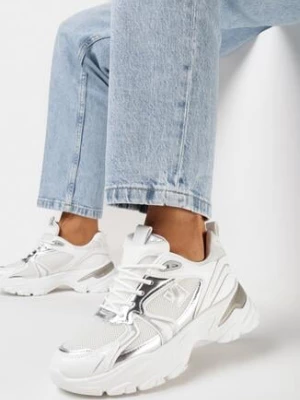 Biało-Srebrne Sneakersy na Grubej Podeszwie z Błyszczącymi Wstawkami i Sznurowaniem Vilenra