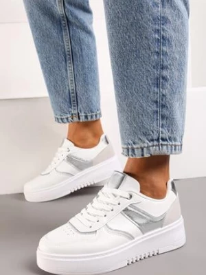 Biało-Srebrne Sneakersy na Grubej Podeszwie z Brokatowymi Wstawkami Qmalthea