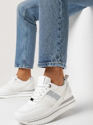 Biało-Srebrne Sneakersy na Grubej Podeszwie z Materiałowymi Wstawkami i Brokatem Omifa