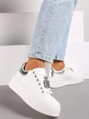 Biało-Srebrne Sneakersy na Grubej Podeszwie z Metaliczną Aplikacją i Cyrkoniami Loraria