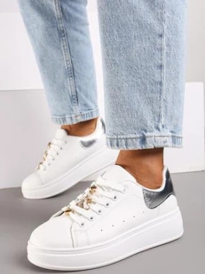 Biało-Srebrne Sneakersy na Grubej Podeszwie z Metalicznymi Aplikacjami Vlianora