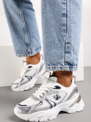Biało-Srebrne Sneakersy na Grubej Podeszwie z Ozdobnymi Wstawkami i Sznurowaniem Ladilka