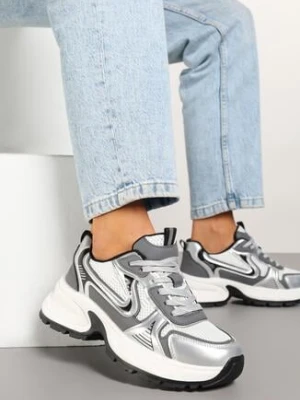 Biało-Srebrne Sneakersy na Grubej Podeszwie z Siateczką Olirase