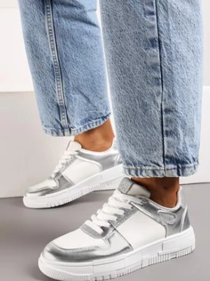 Biało-Srebrne Sneakersy na Grubej Podeszwie ze Wstawkami z Brokatu Bizzala