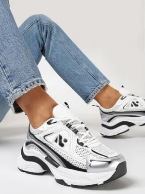 Biało-Srebrne Sneakersy na Masywnej Podeszwie z Licznymi Wstawkami Junioria