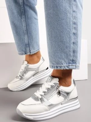 Biało-Srebrne Sneakersy na Platformie Ozdobione Brokatem i Suwakiem Heliaza