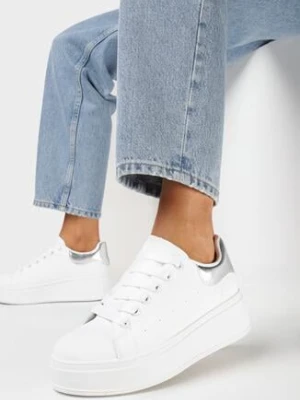 Biało-Srebrne Sneakersy na Platformie z Kontrastową Wstawką z Tyłu Lehastia