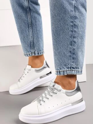 Biało-Srebrne Sneakersy na Platformie z Metaliczną Wstawką i Brokatowymi Sznurówkami Wuriana