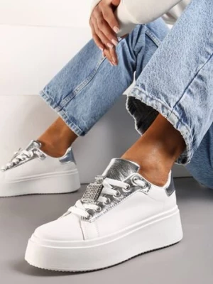 Biało-Srebrne Sneakersy na Platformie z Odpinaną Aplikacją z Cyrkoniami na Sznurówkach Oceanette