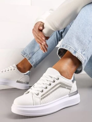 Biało-Srebrne Sneakersy na Platformie z Perforacją i Lamówkami z Cyrkoniami Zumina
