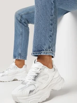 Biało-Srebrne Sneakersy na Platformie z Siateczkową Wstawką Huvia