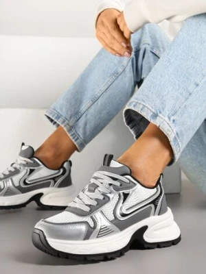 Biało-Srebrne Sneakersy na Profilowanej Podeszwie z Siateczkowymi Wstawkami Parinella