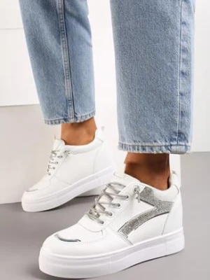 Zdjęcie produktu Biało-Srebrne Sneakersy na Ukrytym Koturnie Ozdobione Cyrkoniami Maatisa