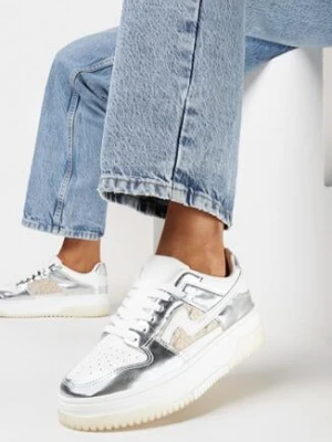 Biało-Srebrne Sneakersy przed Kostkę na Platformie z Futerkiem Rimva