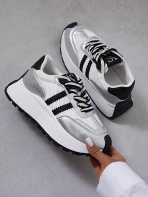 Biało-Srebrne Sneakersy Vices na Platformie z Metalicznymi Paskami Lenela