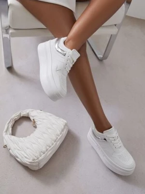 Biało-Srebrne Sneakersy Vices na Platformie z Tłoczonym Napisem ze Sznurowaniem Eanneth