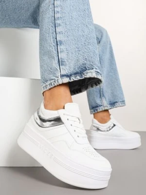 Biało-Srebrne Sneakersy Vices na Platformie z Tłoczonym Napisem ze Sznurowaniem Eanneth