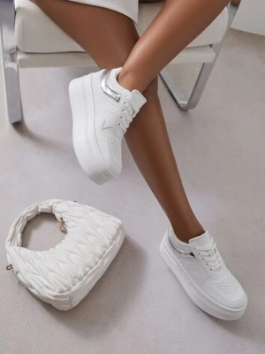 Biało-Srebrne Sneakersy Vices na Platformie z Tłoczonym Napisem ze Sznurowaniem Eanneth