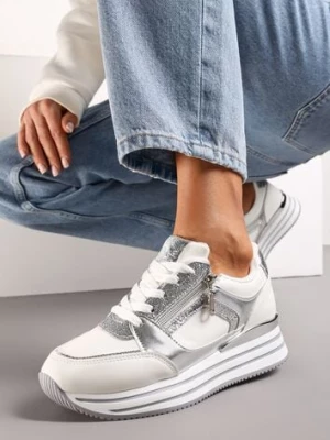 Biało-Srebrne Sneakersy z Brokatowymi Wstawkami i Krótkim Suwakiem Naiwra