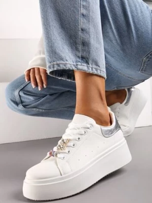 Biało-Srebrne Sneakersy z Cyrkoniami na Sznurówkach z Platformą Nomiji