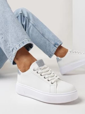 Biało-Srebrne Sneakersy z Drobnymi Cyrkoniami na Języku i Zapiętku Amaviana
