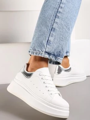 Zdjęcie produktu Biało-Srebrne Sneakersy z Ekoskóry na Platformie ze Sznurowaniem Telretia