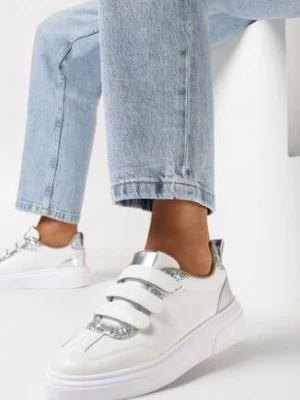 Biało-Srebrne Sneakersy z Rzepami z Brokatową i Metaliczną Wstawką Faena